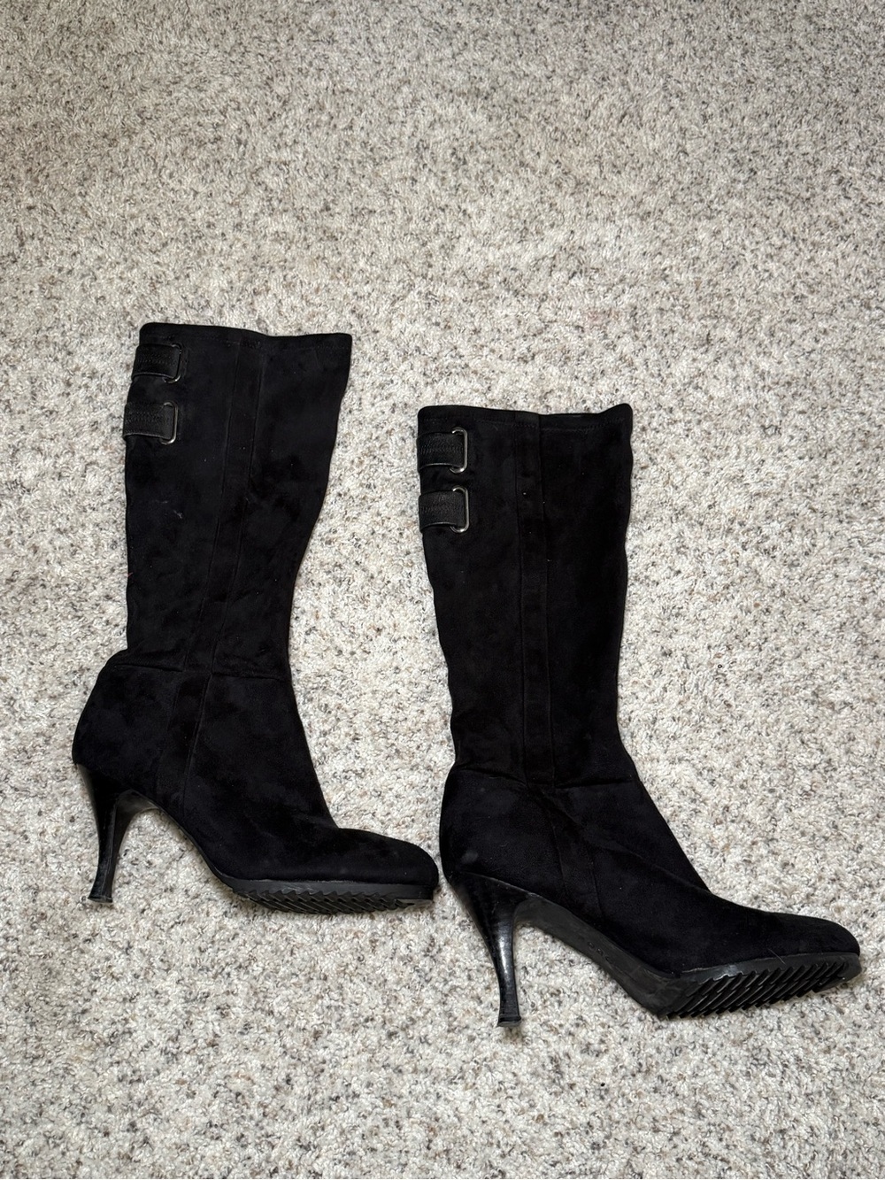 BCBGeneration Black Suede Mid-Calf Heeled Boots with Buckle Detail Pointed Toe